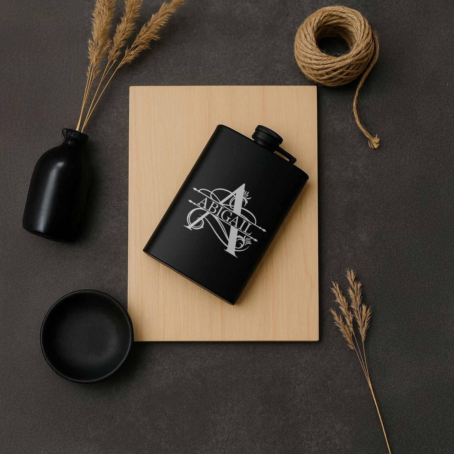 Custom Engraved Split Monogram with Name Personalized Black Matte Flask 8 oz Gift Wedding Gift, Birthday, Anniversary, Bridesmaid, Groomsman