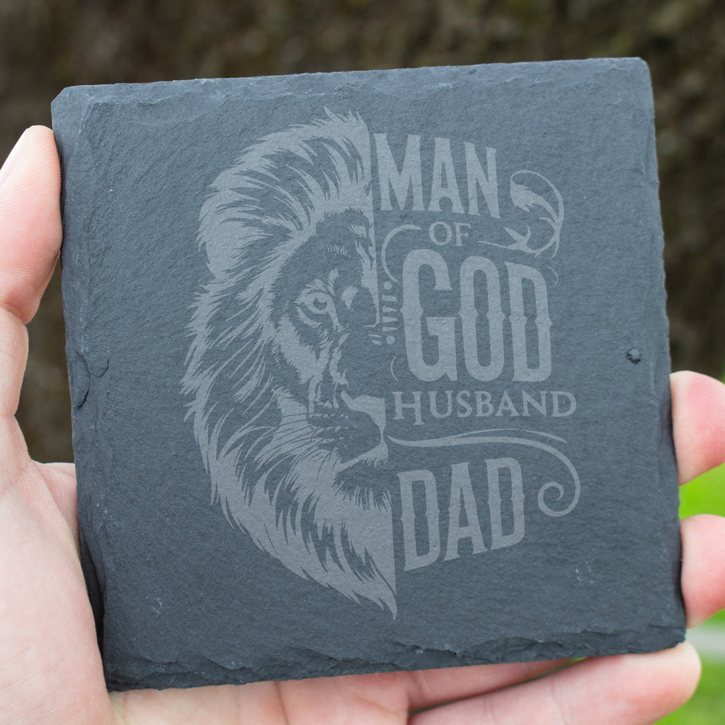 Man Of God Husband Dad Coaster. Engraved Slate Coaster. Christian Gift for Dad & Husband. Rustic Rock Coaster. Faith-Based Gift