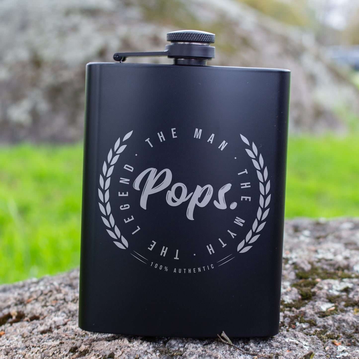 Pops The Man The Myth The Legend Engraved 8 oz Black Matte Flask - Gift for Grandpa, Dad, Father’s Day, Birthday Gift, Laser Engraving Gifts