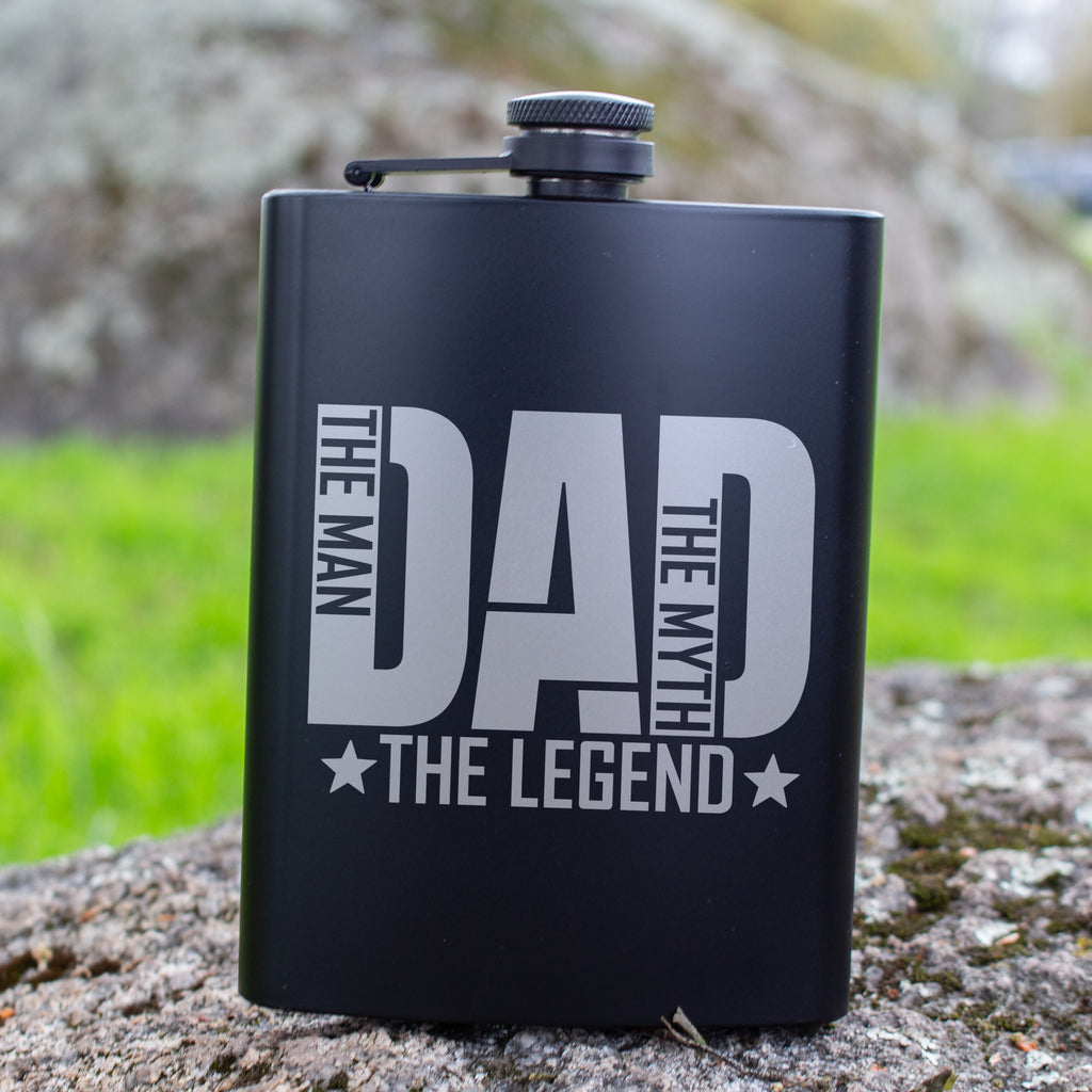 Dad The Man The Myth The Legend Engraved 8 oz Black Matte Flask - Gift for Father, Dad, Father’s Day, Birthday Gift, Laser Engraving Gifts