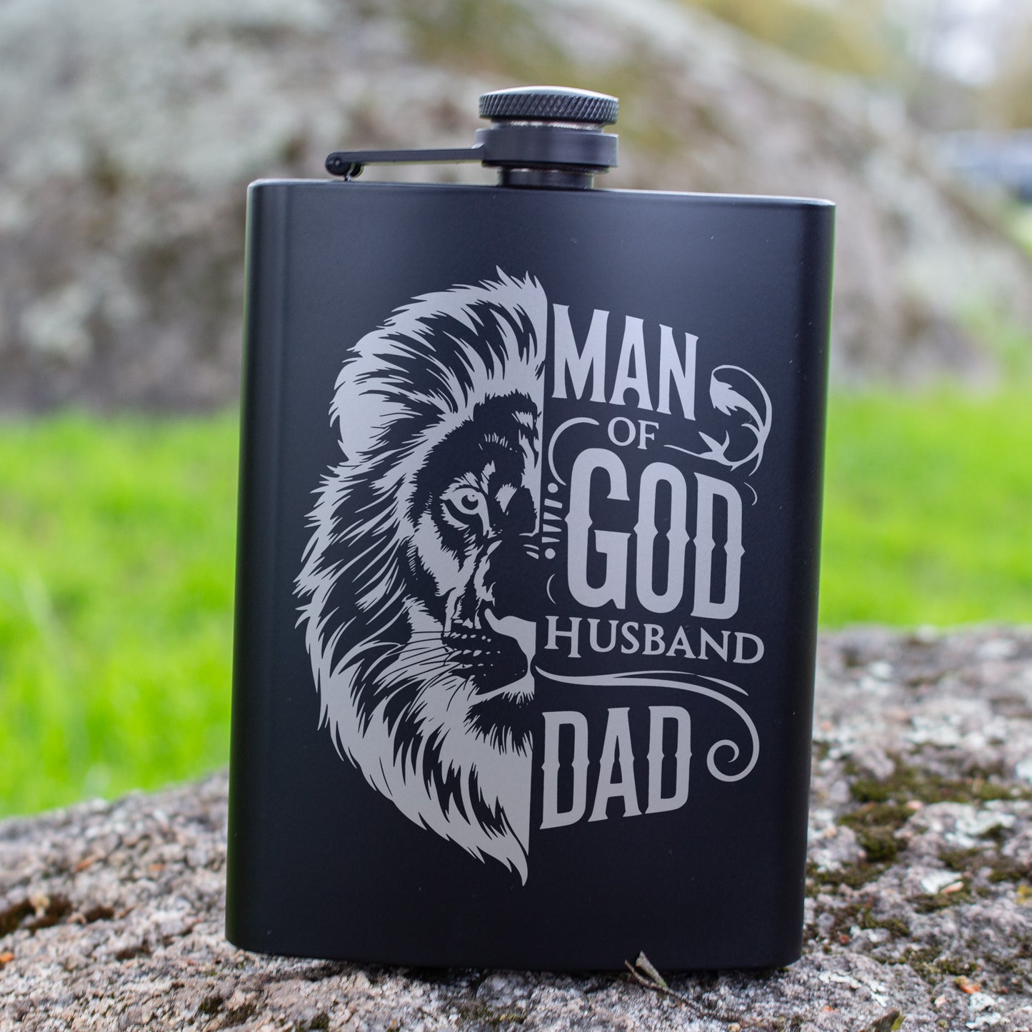 Man Of God Husband Dad Engraved 8 oz Black Matte Flask - Faithful Gift for Him, Father, or Husband, Birthday Gift, Laser Engraving Gifts