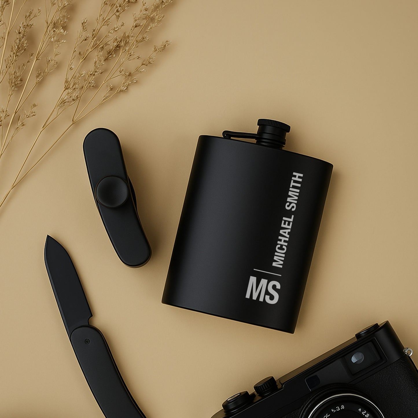 Custom Engraved Flask 8 oz Black Matte, Initials And Name Or Phrase, Gift for Colleague, Friend, Boyfriend, Dad
