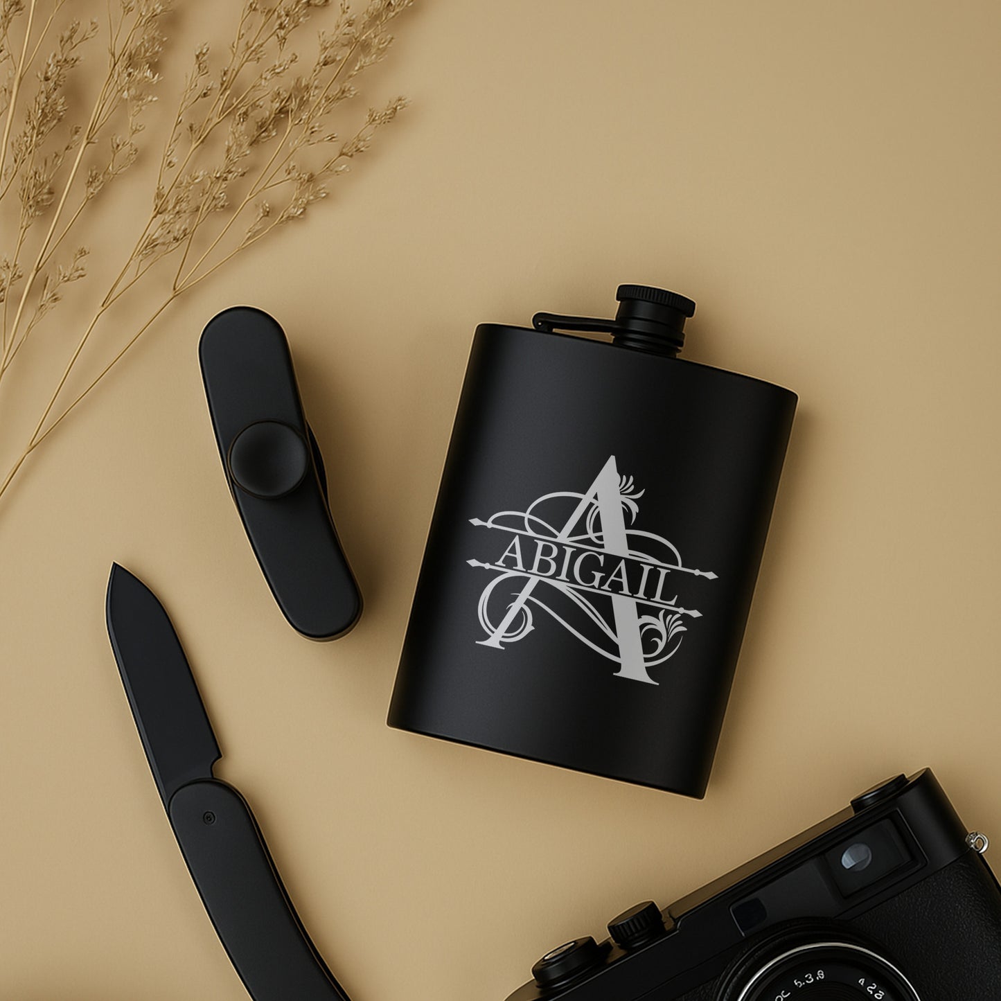 Custom Engraved Split Monogram with Name Personalized Black Matte Flask 8 oz Gift Wedding Gift, Birthday, Anniversary, Bridesmaid, Groomsman
