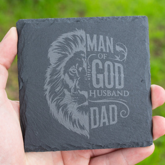 Man Of God Husband Dad Coaster. Engraved Slate Coaster. Christian Gift for Dad & Husband. Rustic Rock Coaster. Faith-Based Gift
