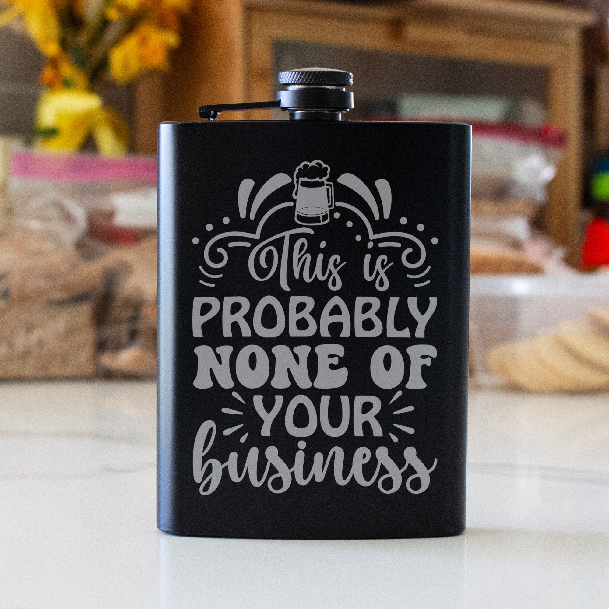 Probably None of Your Business Engraved 8 oz Black Matte Flask - Gift for Dad, Coworker, or Friend