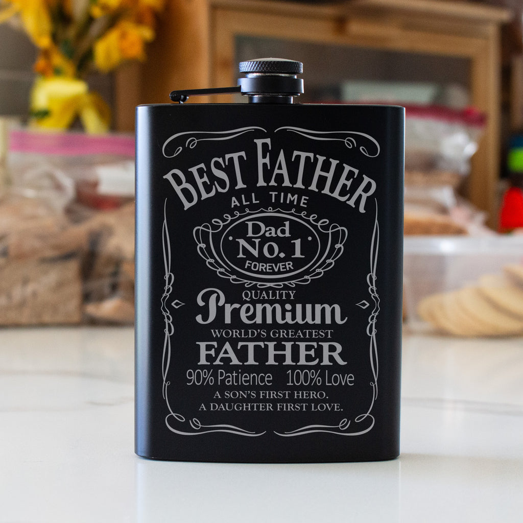 Best Father All Time Engraved 8 oz Black Matte Flask - Ultimate Gift for Dad, Father’s Day, Birthday Gift Flask, Laser Engraving Gifts