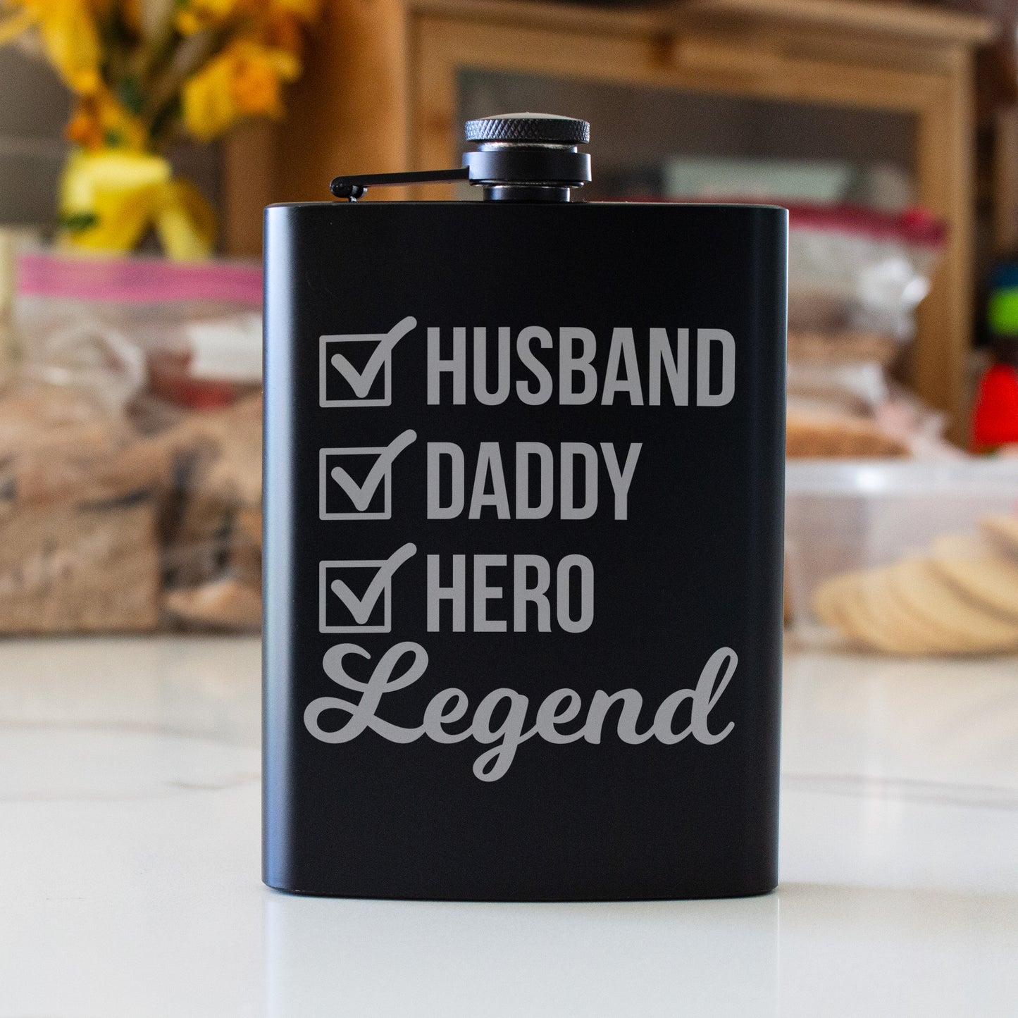 Husband Daddy Hero Legend Engraved 8 oz Black Matte Flask - Epic Gift for Him, Dad, or Father’s Day, Birthday Gift, Laser Engraving Gifts