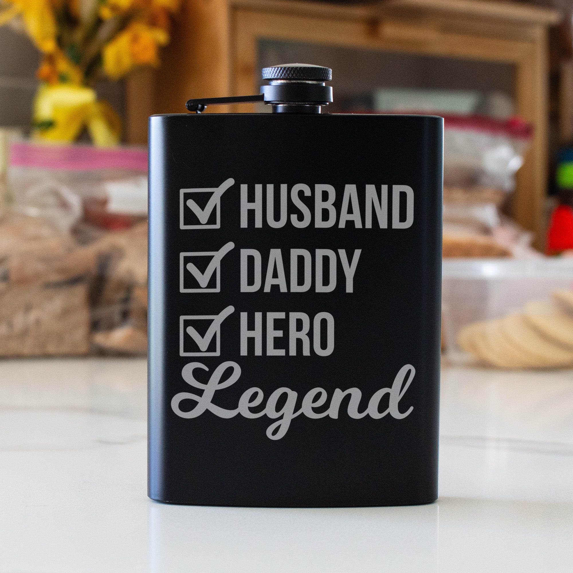 Husband Daddy Hero Legend Engraved 8 oz Black Matte Flask - Epic Gift for Him, Dad, or Father’s Day, Birthday Gift, Laser Engraving Gifts