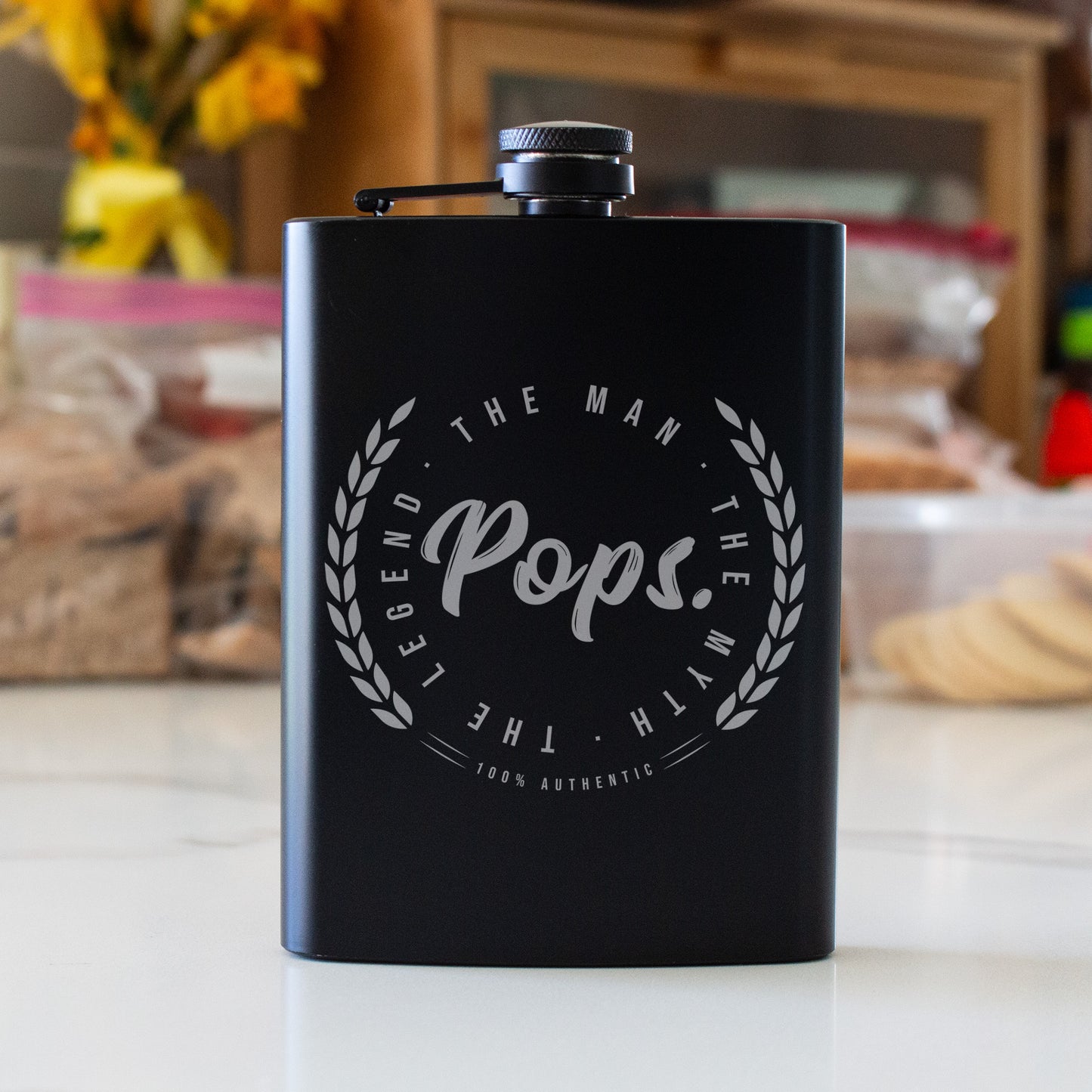 Pops The Man The Myth The Legend Engraved 8 oz Black Matte Flask - Gift for Grandpa, Dad, Father’s Day, Birthday Gift, Laser Engraving Gifts