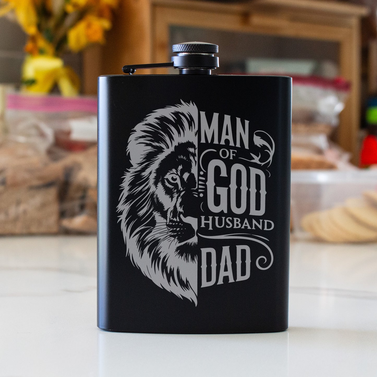 Man Of God Husband Dad Engraved 8 oz Black Matte Flask - Faithful Gift for Him, Father, or Husband, Birthday Gift, Laser Engraving Gifts