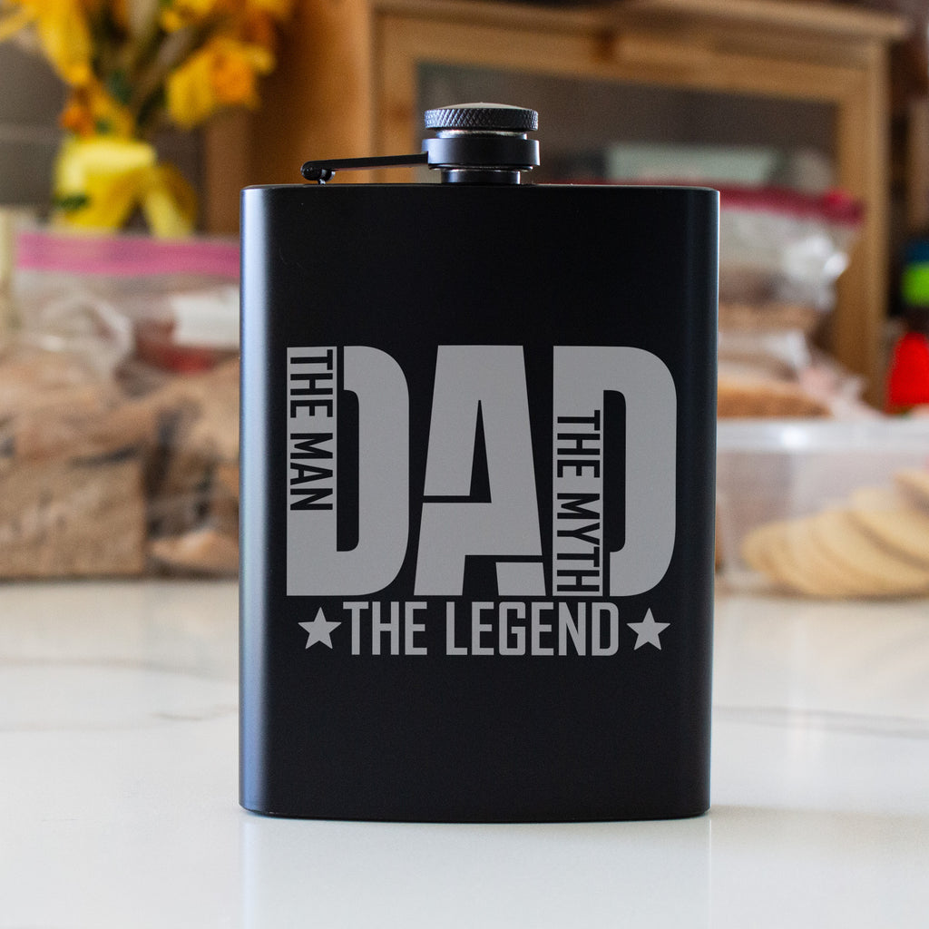 Dad The Man The Myth The Legend Engraved 8 oz Black Matte Flask - Gift for Father, Dad, Father’s Day, Birthday Gift, Laser Engraving Gifts