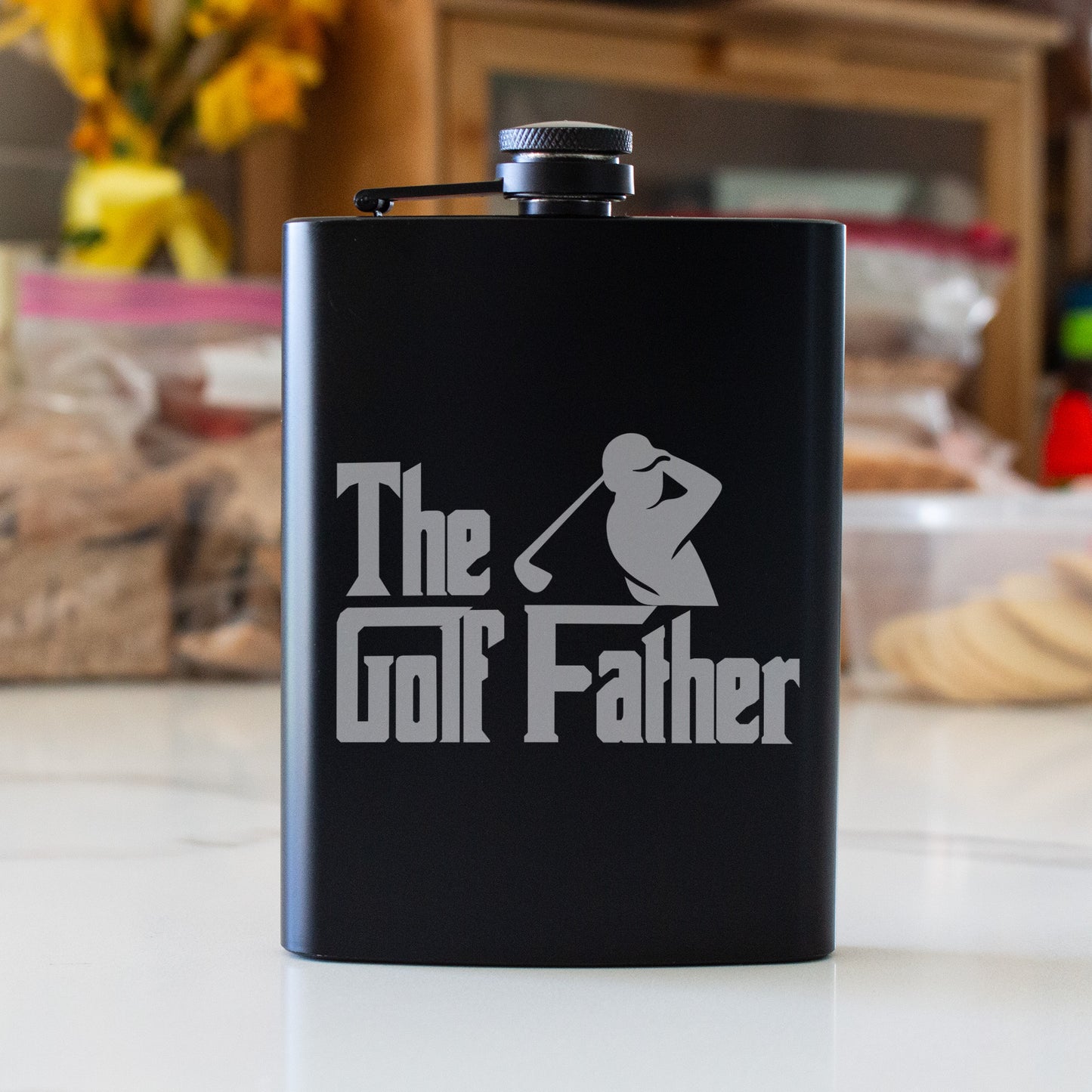 The Golf Father Engraved 8 oz Black Matte Flask - Perfect Gift for Dad, Golfer, or Father’s Day, Birthday Gift, Laser Engraving Gifts