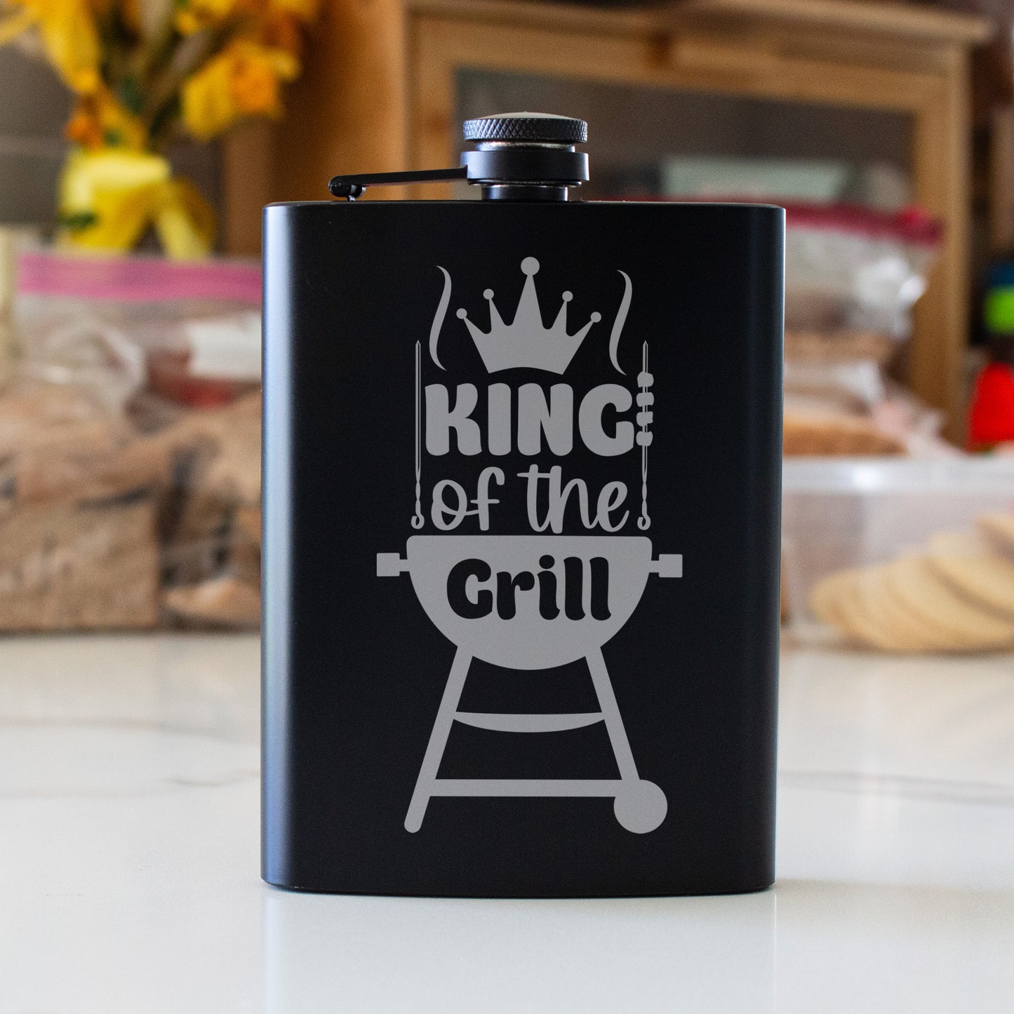 King of the Grill Engraved 8 oz Black Matte Flask - Perfect Gift for Dad, BBQ Master, or Father’s Day, Birthday Gift, Laser Engraving Gifts