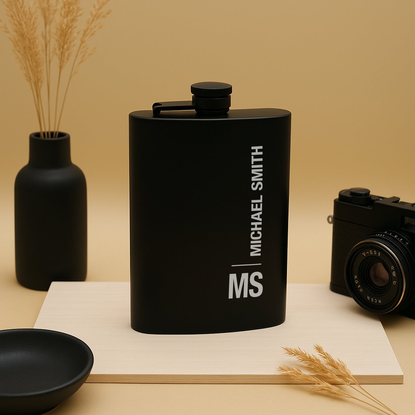 Custom Engraved Flask 8 oz Black Matte, Initials And Name Or Phrase, Gift for Colleague, Friend, Boyfriend, Dad