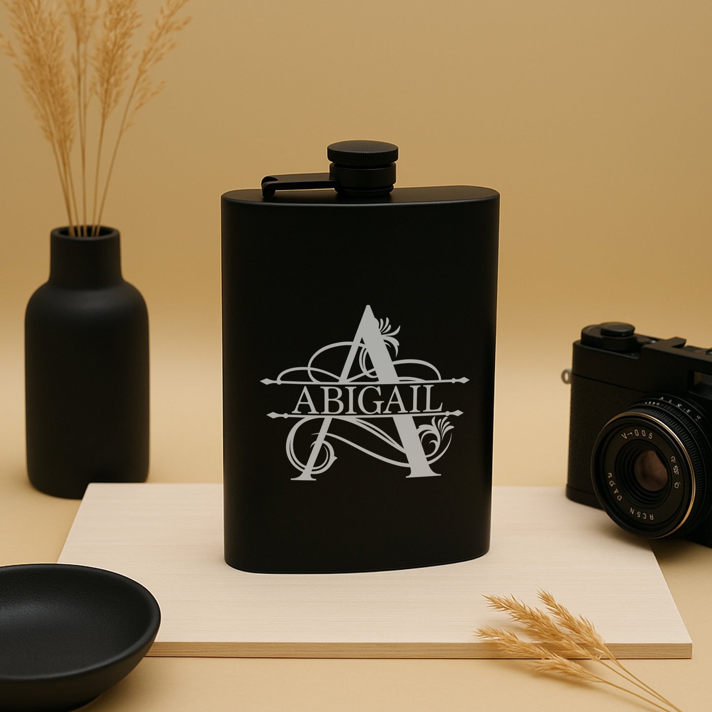 Custom Engraved Split Monogram with Name Personalized Black Matte Flask 8 oz Gift Wedding Gift, Birthday, Anniversary, Bridesmaid, Groomsman