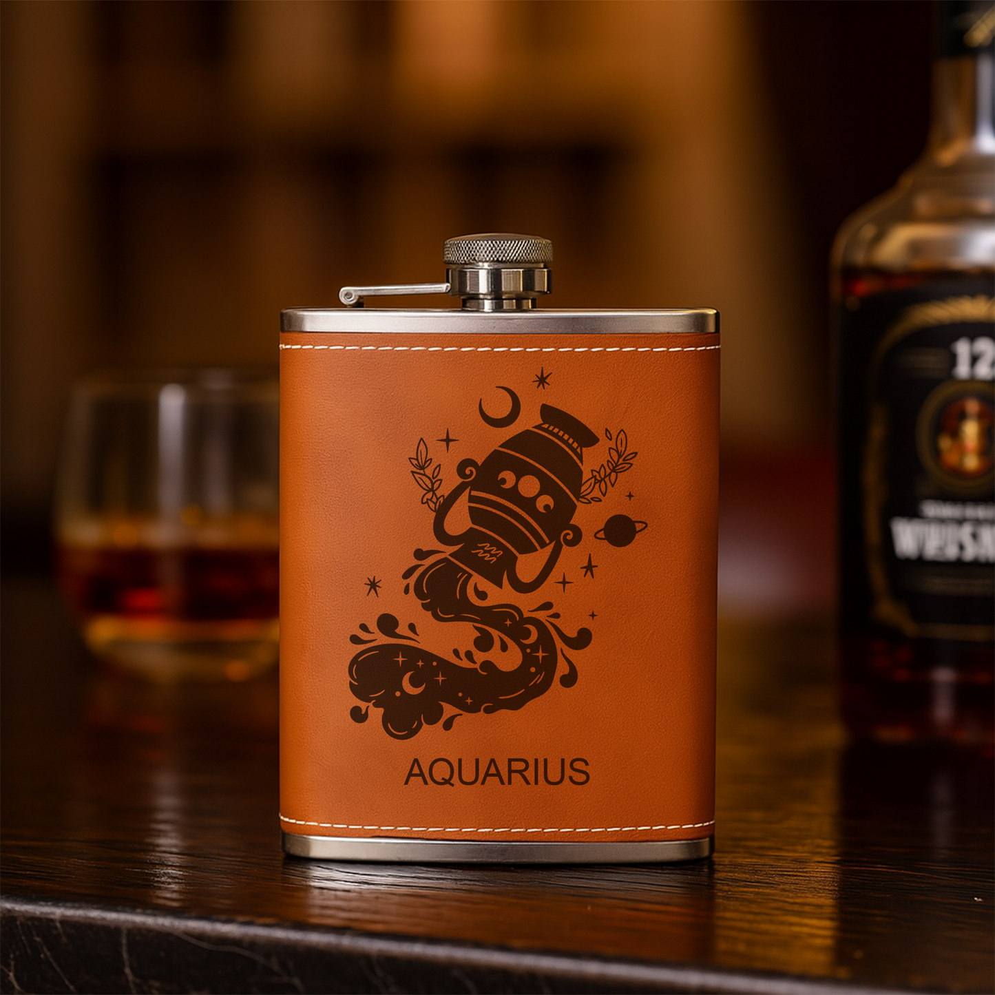 Custom Zodiac Flask – Engraved Leather Hip Flask with Zodiac Sign – Personalized Gift, Flask For Men, Birthday Gift For Dad, Boyfriend