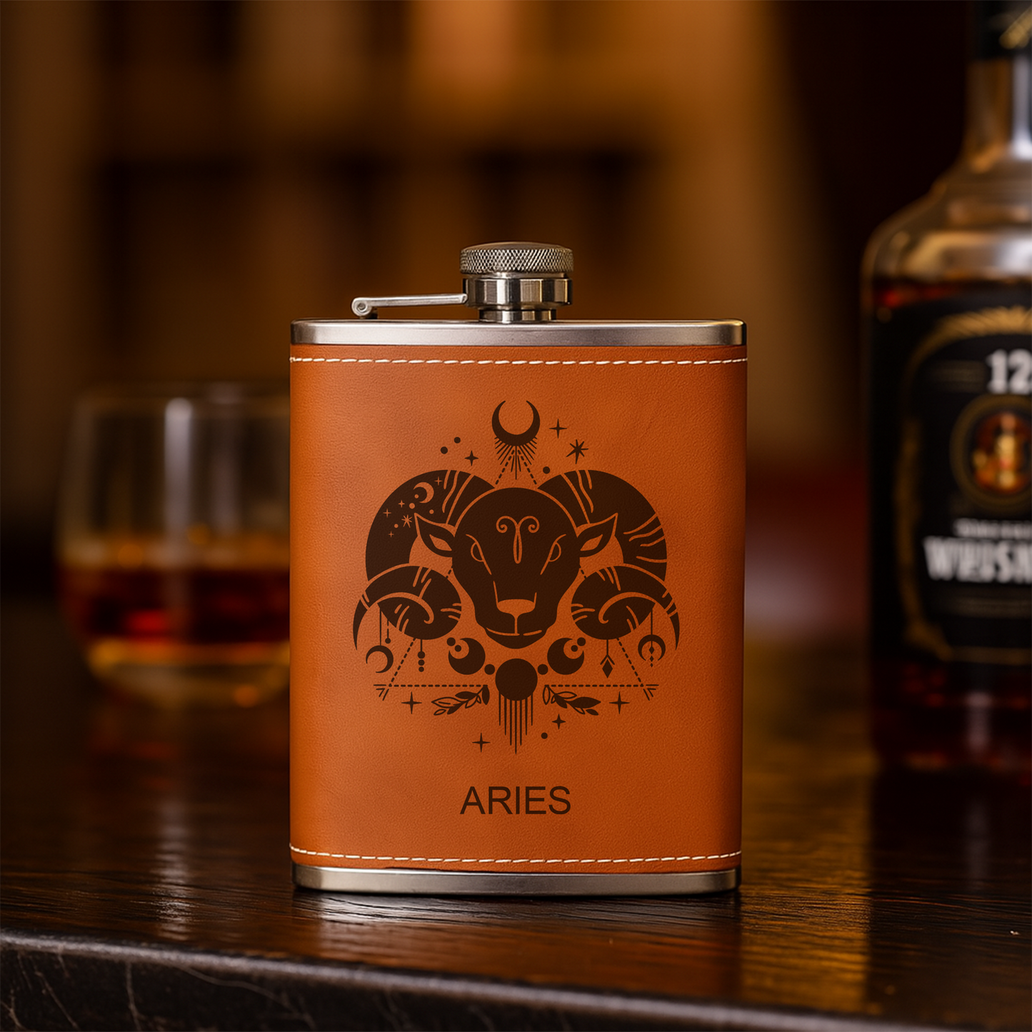 Custom Zodiac Flask – Engraved Leather Hip Flask with Zodiac Sign – Personalized Gift, Flask For Men, Birthday Gift For Dad, Boyfriend