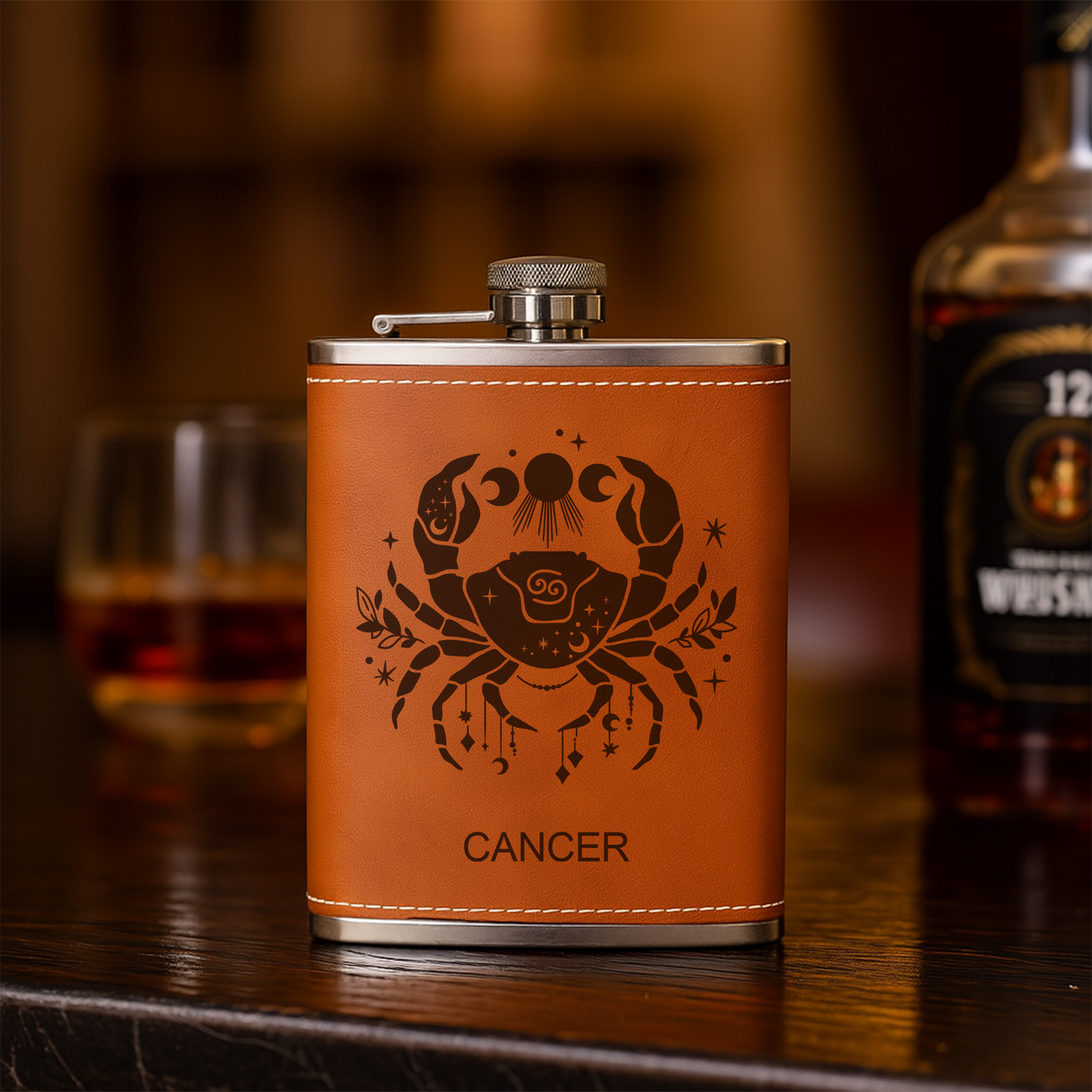 Custom Zodiac Flask – Engraved Leather Hip Flask with Zodiac Sign – Personalized Gift, Flask For Men, Birthday Gift For Dad, Boyfriend