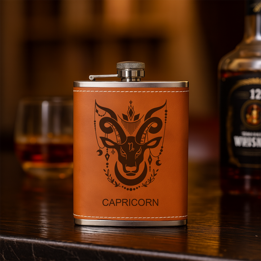 Custom Zodiac Flask – Engraved Leather Hip Flask with Zodiac Sign – Personalized Gift, Flask For Men, Birthday Gift For Dad, Boyfriend