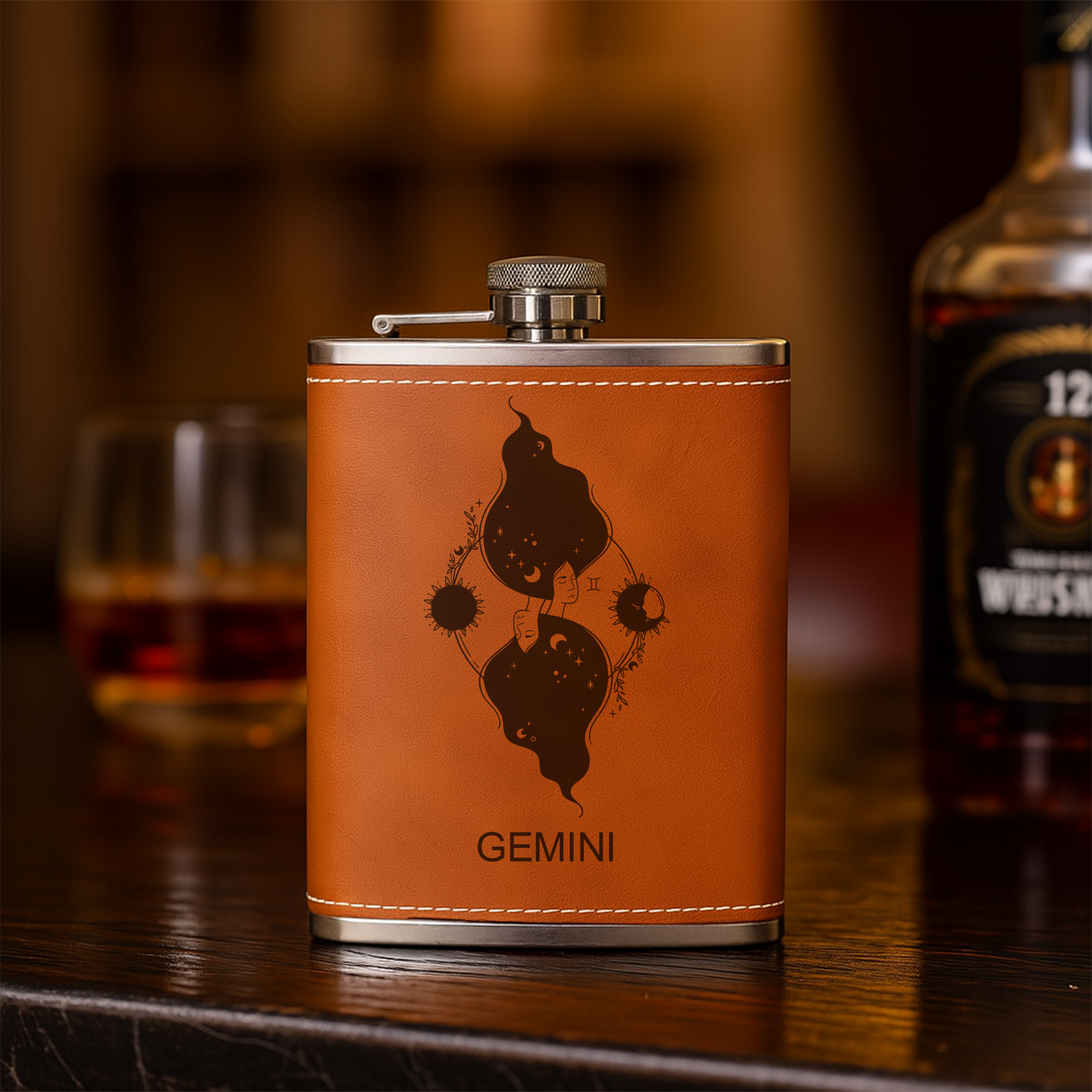 Custom Zodiac Flask – Engraved Leather Hip Flask with Zodiac Sign – Personalized Gift, Flask For Men, Birthday Gift For Dad, Boyfriend