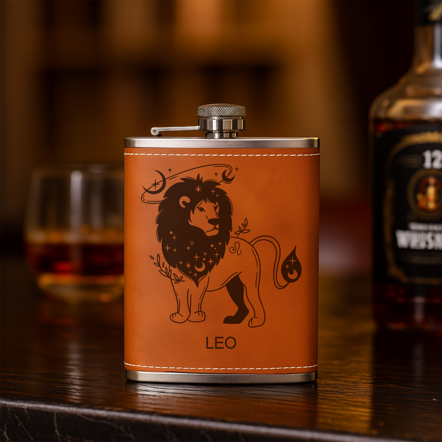 Custom Zodiac Flask – Engraved Leather Hip Flask with Zodiac Sign – Personalized Gift, Flask For Men, Birthday Gift For Dad, Boyfriend