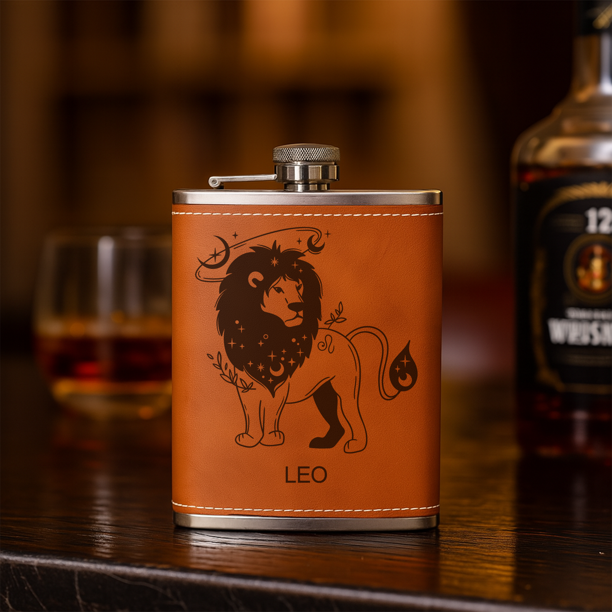 Custom Zodiac Flask – Engraved Leather Hip Flask with Zodiac Sign – Personalized Gift, Flask For Men, Birthday Gift For Dad, Boyfriend