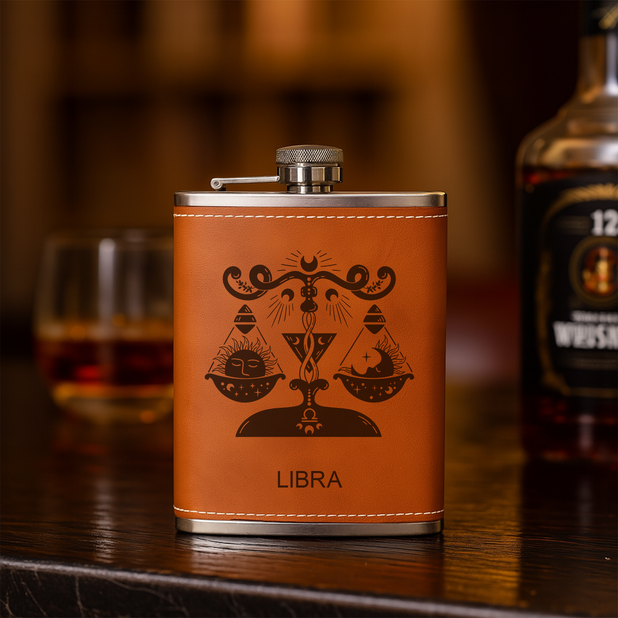 Custom Zodiac Flask – Engraved Leather Hip Flask with Zodiac Sign – Personalized Gift, Flask For Men, Birthday Gift For Dad, Boyfriend