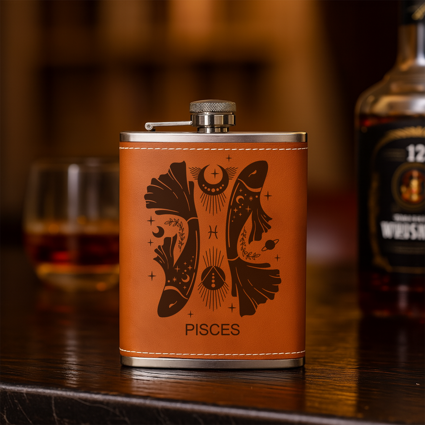 Custom Zodiac Flask – Engraved Leather Hip Flask with Zodiac Sign – Personalized Gift, Flask For Men, Birthday Gift For Dad, Boyfriend