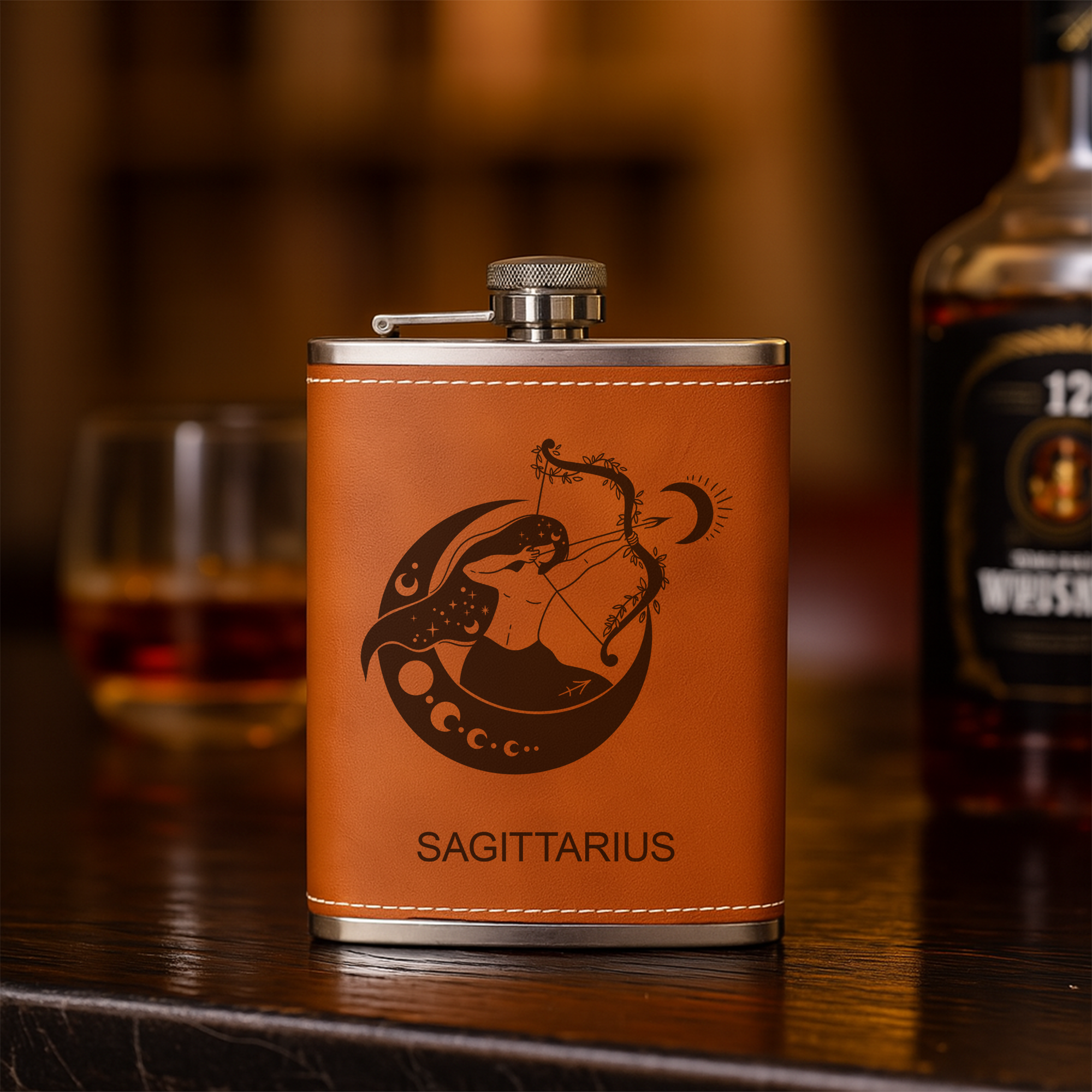 Custom Zodiac Flask – Engraved Leather Hip Flask with Zodiac Sign – Personalized Gift, Flask For Men, Birthday Gift For Dad, Boyfriend