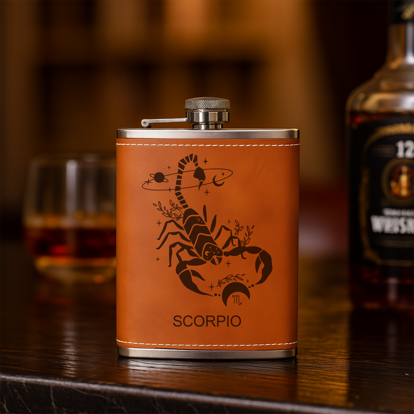 Custom Zodiac Flask – Engraved Leather Hip Flask with Zodiac Sign – Personalized Gift, Flask For Men, Birthday Gift For Dad, Boyfriend