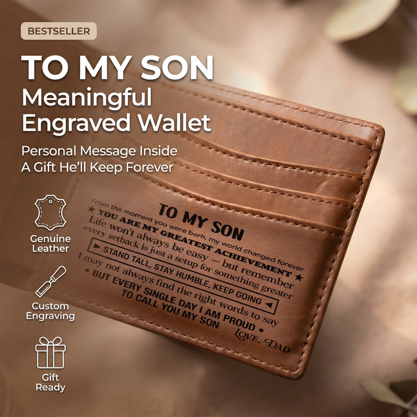 To My Son Wallet | Engraved Leather Bifold Wallet Gift for Son from Dad or Mom | RFID Blocking | Graduation, Birthday & Christmas Gift