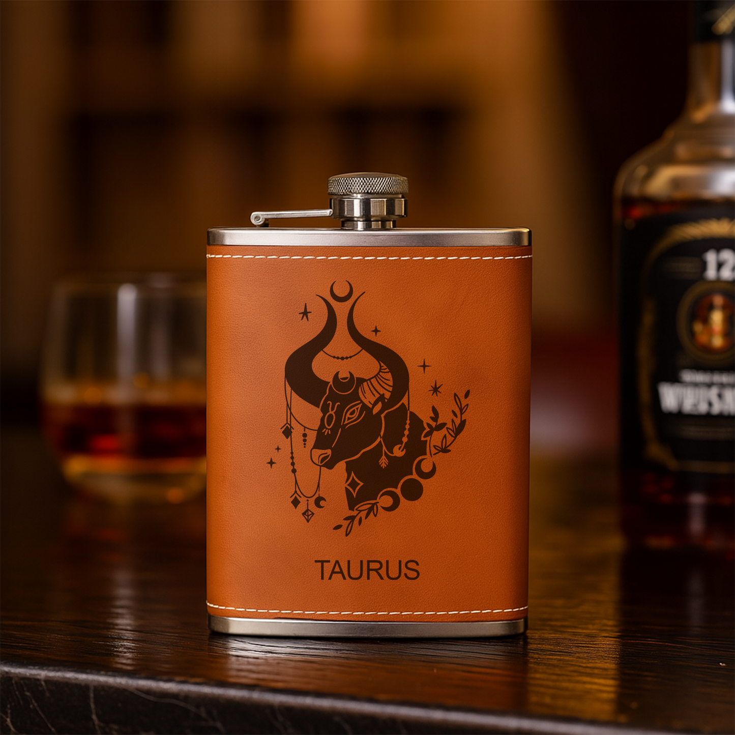 Custom Zodiac Flask – Engraved Leather Hip Flask with Zodiac Sign – Personalized Gift, Flask For Men, Birthday Gift For Dad, Boyfriend