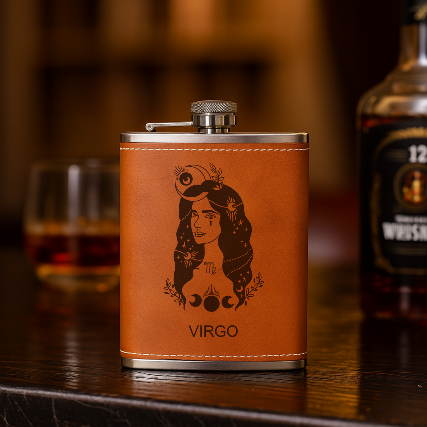 Custom Zodiac Flask – Engraved Leather Hip Flask with Zodiac Sign – Personalized Gift, Flask For Men, Birthday Gift For Dad, Boyfriend