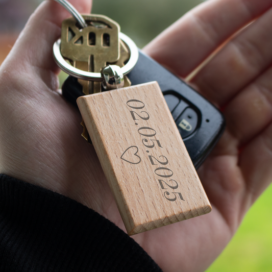 Personalized Date Wooden Keychain - Custom Laser-Engraved Anniversary or Milestone Keyring with Heart