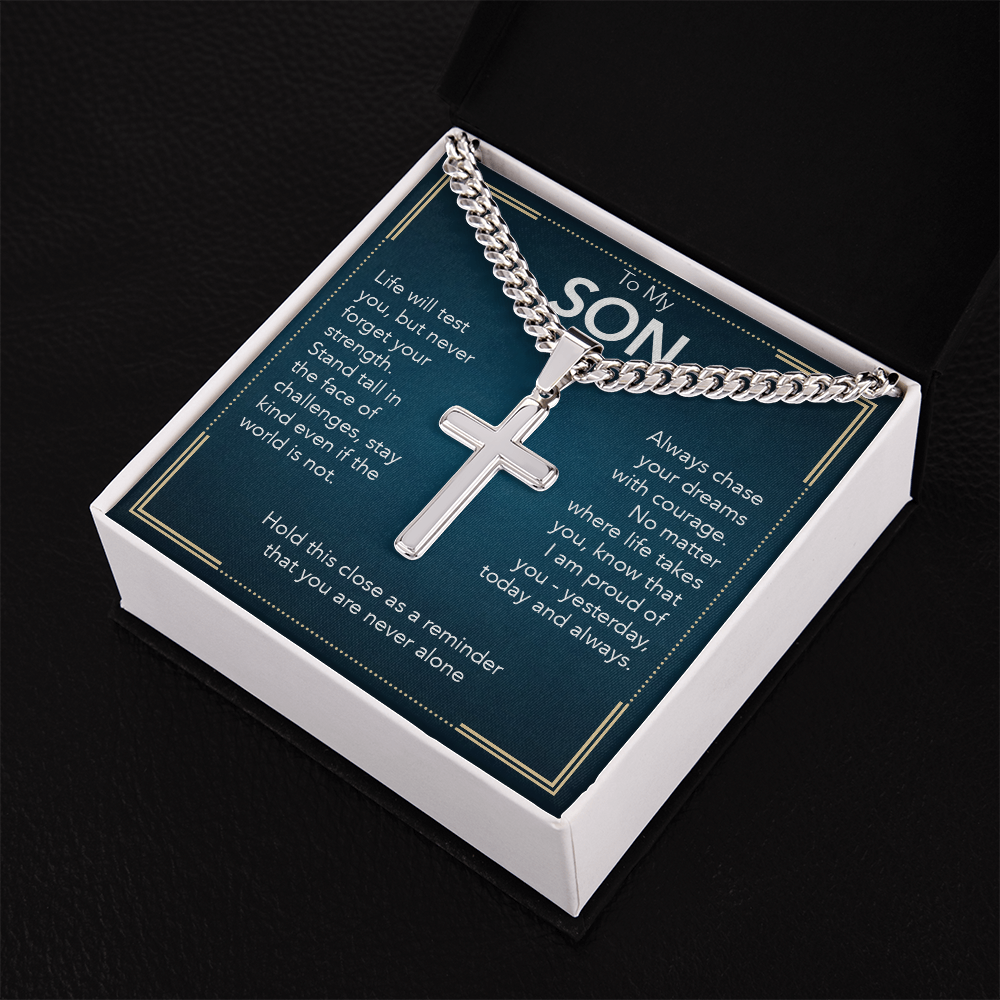 To My Son - Cuban Link Chain with Artisan Cross + Heartfelt Message Card