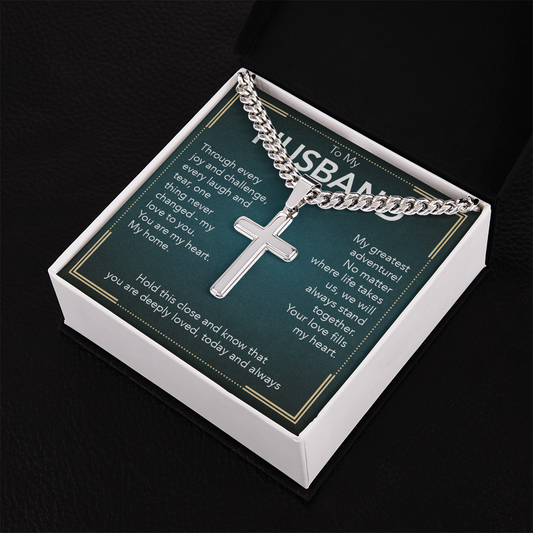 To My Husband - Cuban Link Chain with Artisan Cross + Heartfelt Message Card