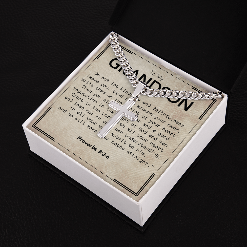 To My Grandson Cuban Link Chain with Artisan Cross Necklace & Proverbs Message Card