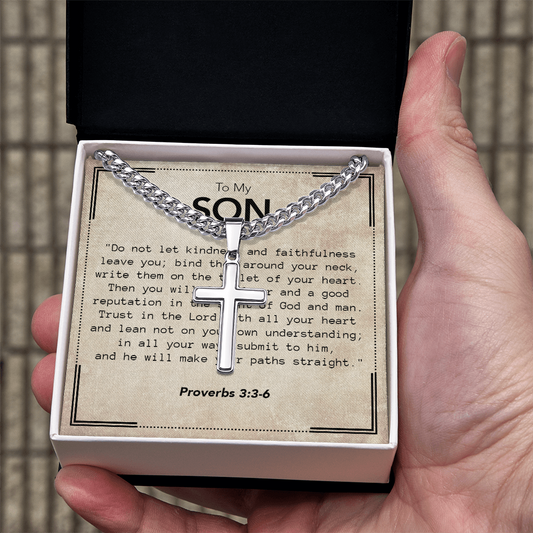 To My Son - Cuban Link Chain with Artisan Cross Necklace & Proverbs Message Card