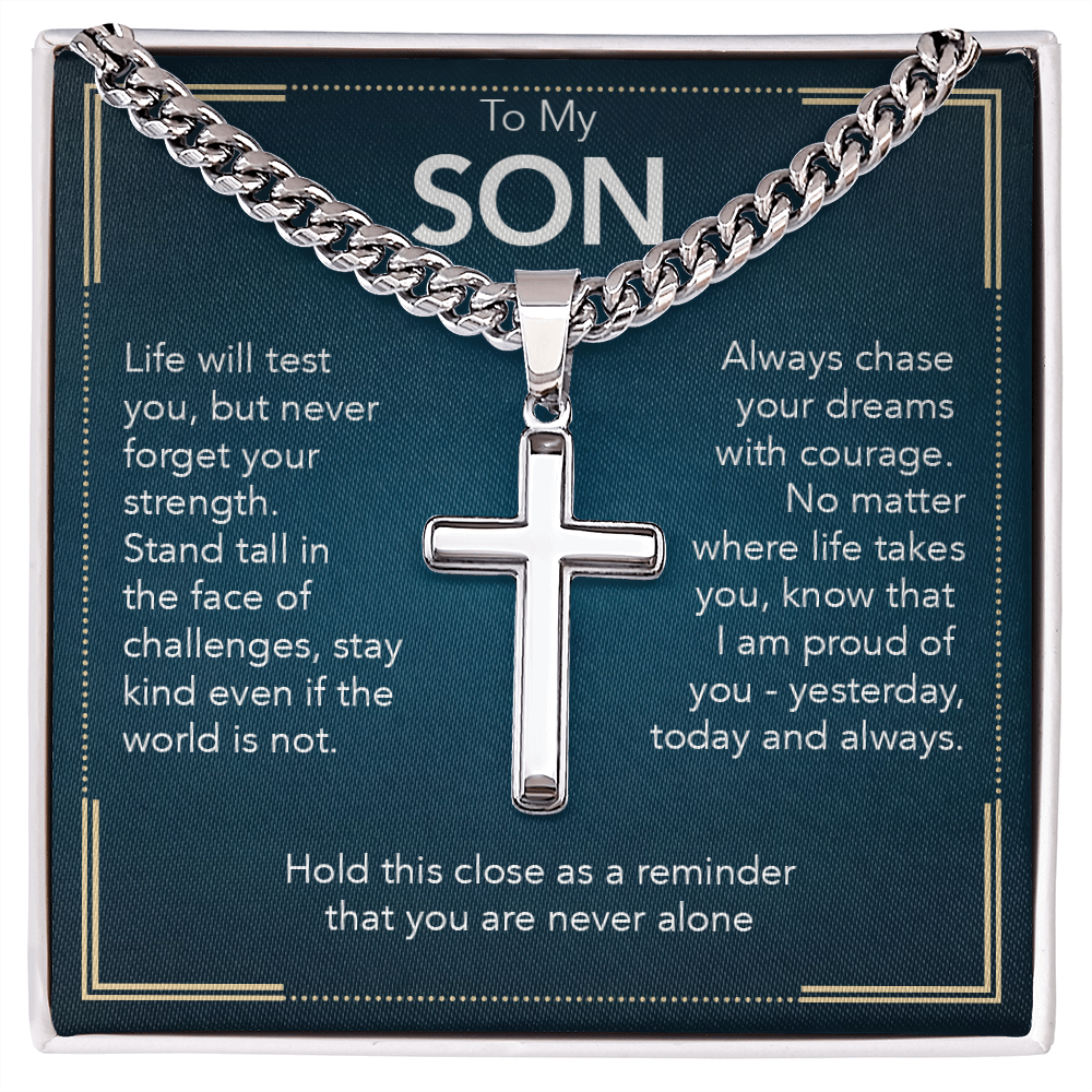 To My Son - Cuban Link Chain with Artisan Cross + Heartfelt Message Card