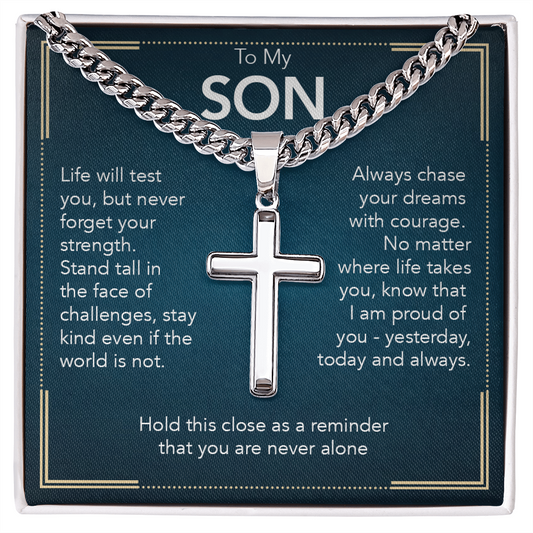 To My Son - Cuban Link Chain with Artisan Cross + Heartfelt Message Card