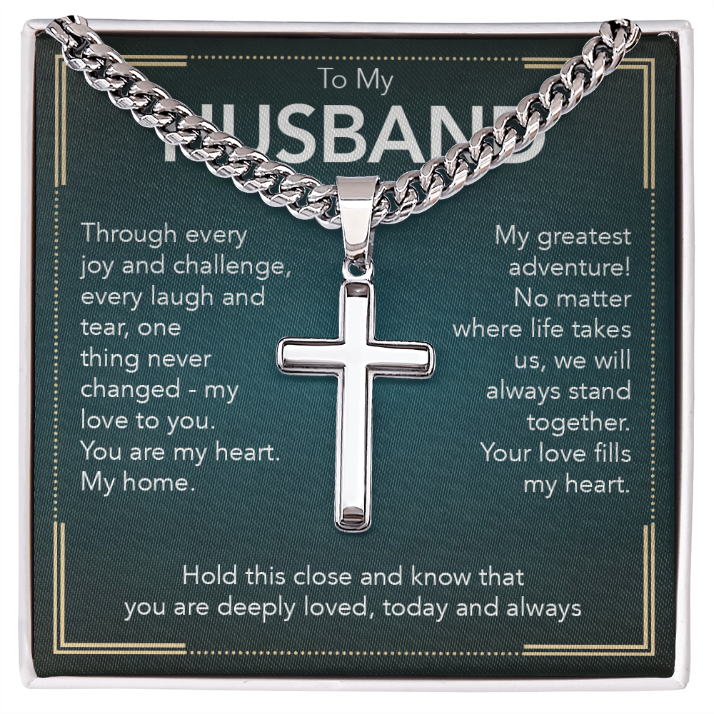 To My Husband - Cuban Link Chain with Artisan Cross + Heartfelt Message Card