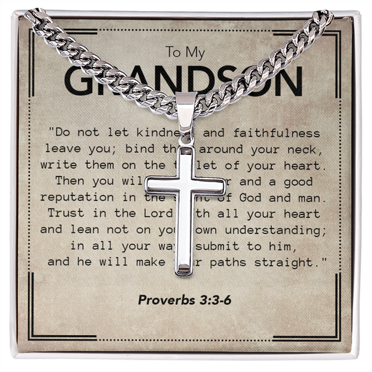 To My Grandson Cuban Link Chain with Artisan Cross Necklace & Proverbs Message Card