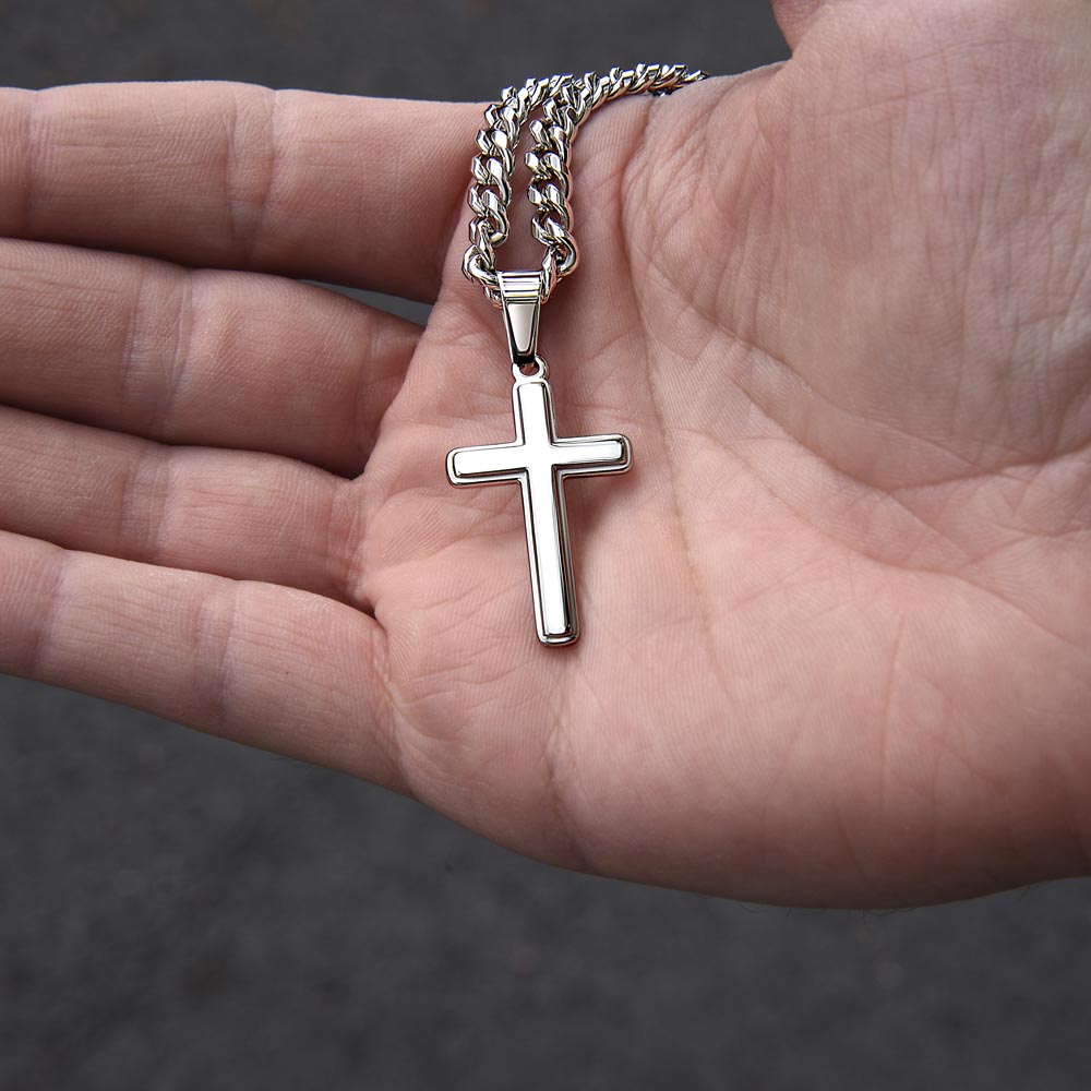 To My Grandson Cuban Link Chain with Artisan Cross Necklace & Proverbs Message Card