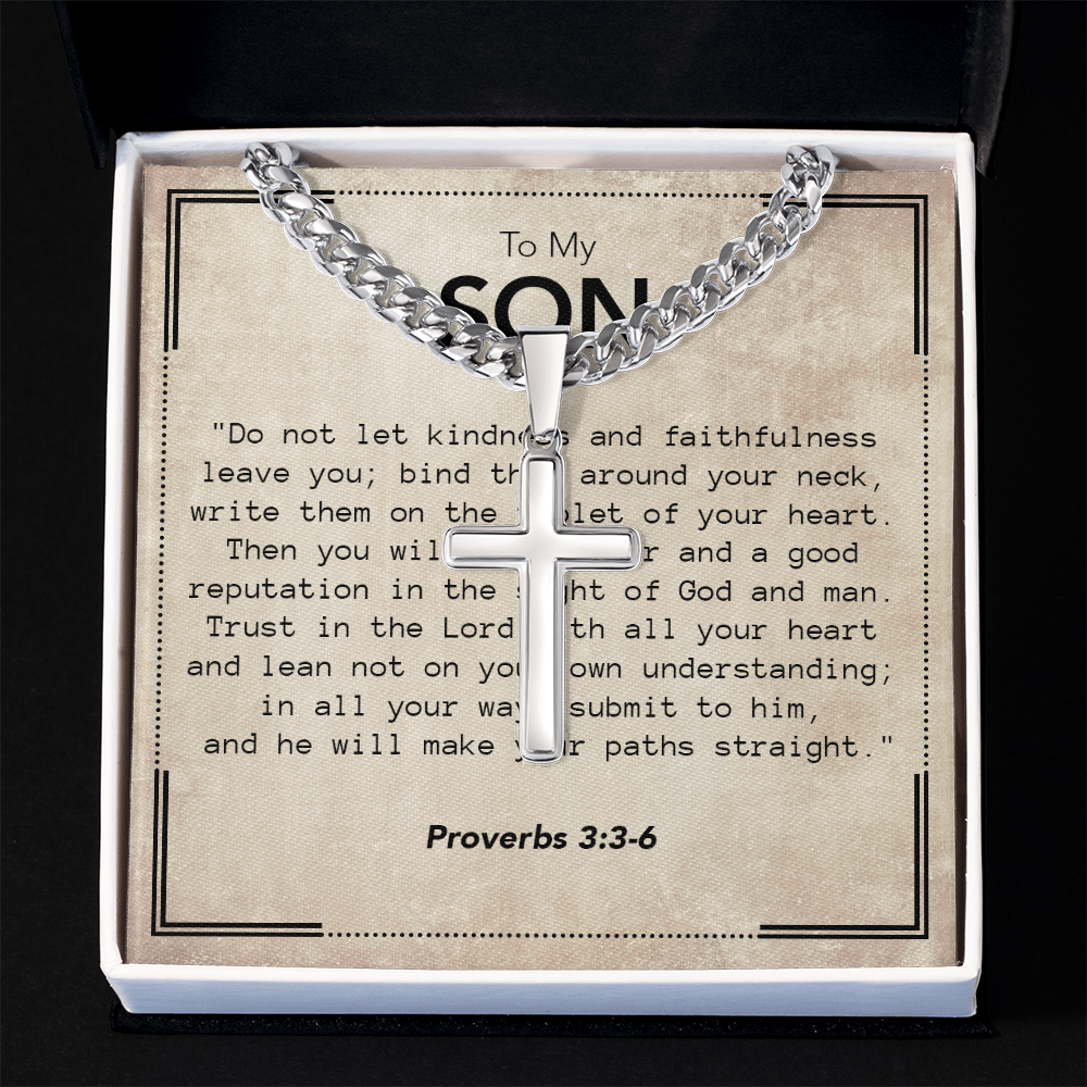 To My Son - Cuban Link Chain with Artisan Cross Necklace & Proverbs Message Card
