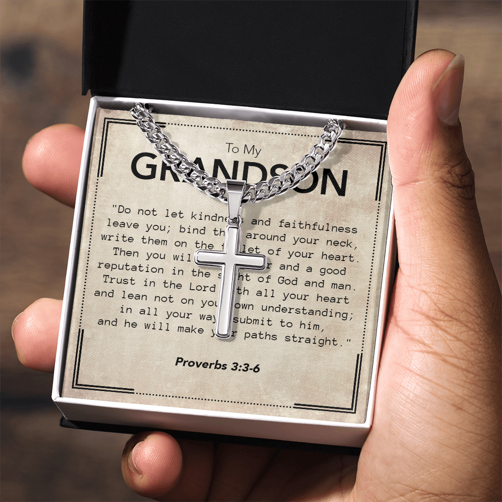 To My Grandson Cuban Link Chain with Artisan Cross Necklace & Proverbs Message Card