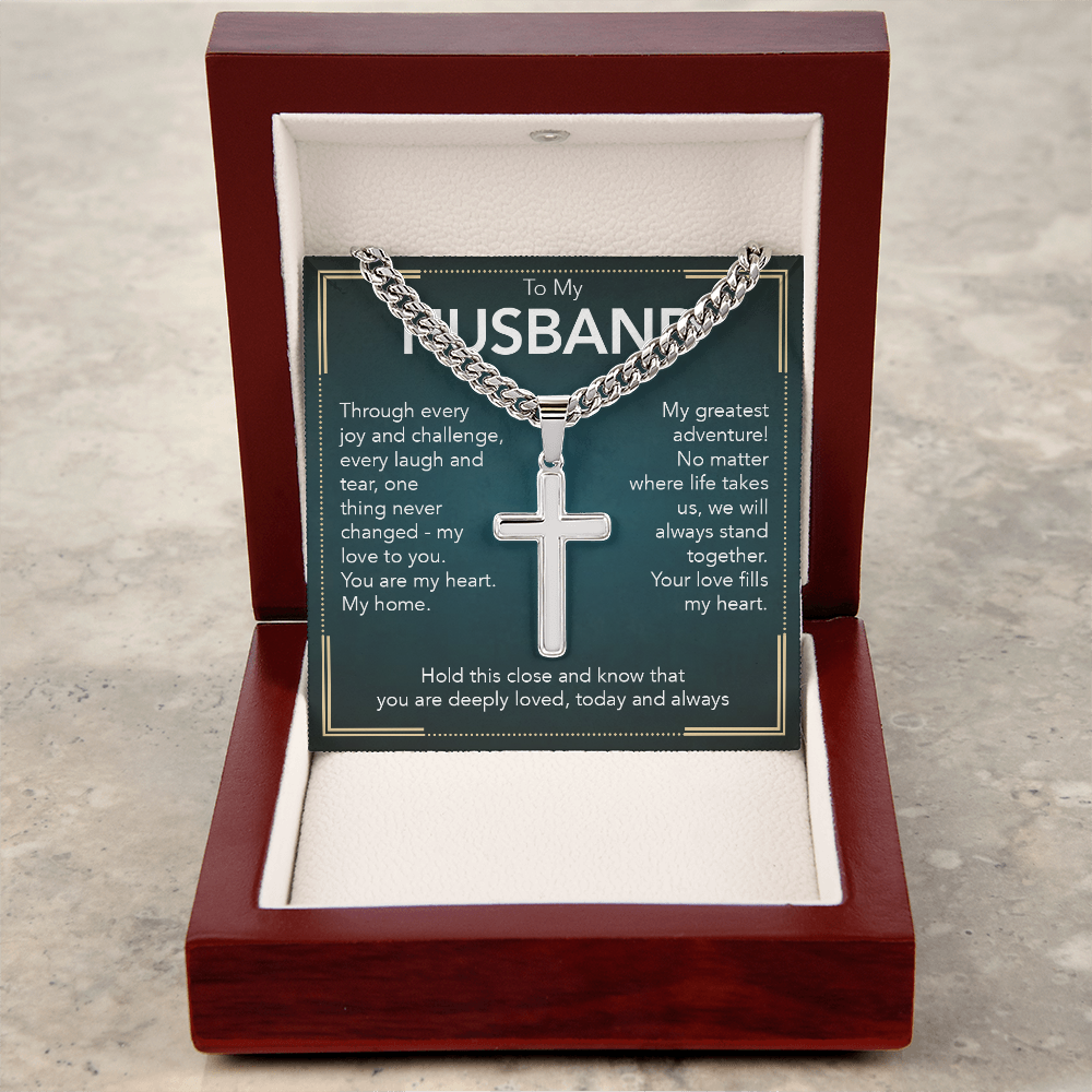 To My Husband - Cuban Link Chain with Artisan Cross + Heartfelt Message Card