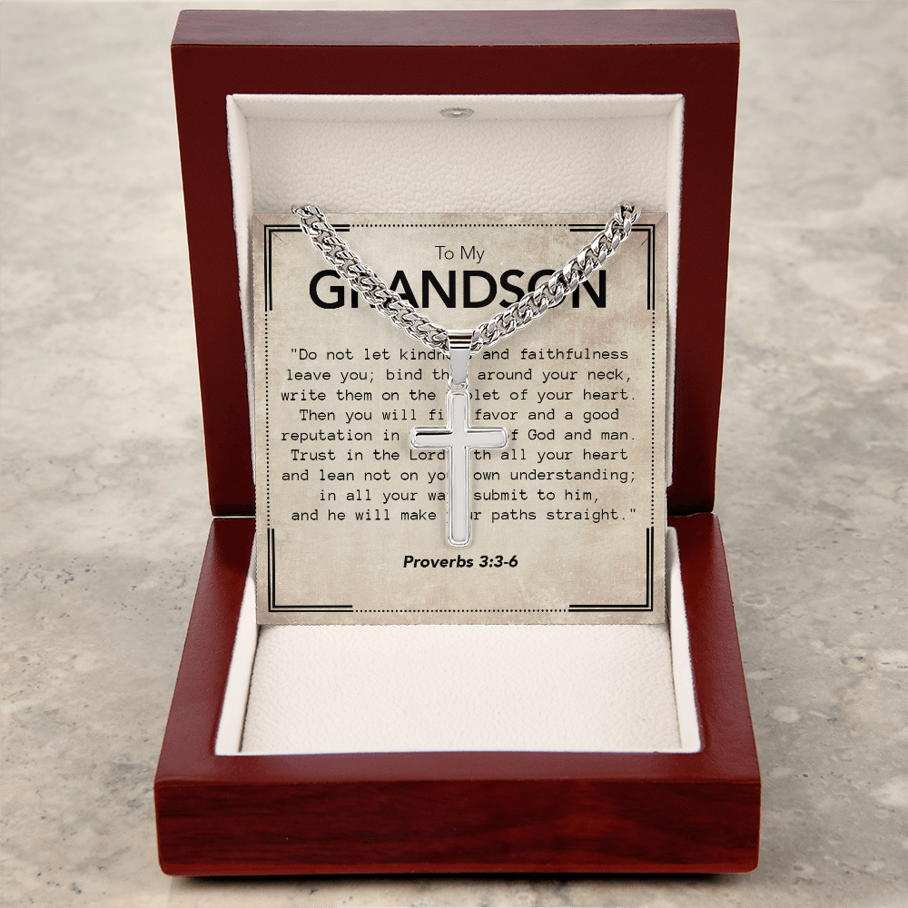 To My Grandson Cuban Link Chain with Artisan Cross Necklace & Proverbs Message Card