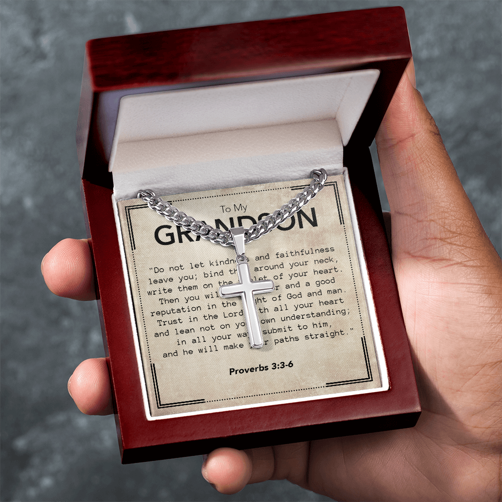 To My Grandson Cuban Link Chain with Artisan Cross Necklace & Proverbs Message Card