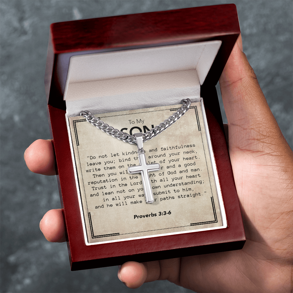 To My Son - Cuban Link Chain with Artisan Cross Necklace & Proverbs Message Card