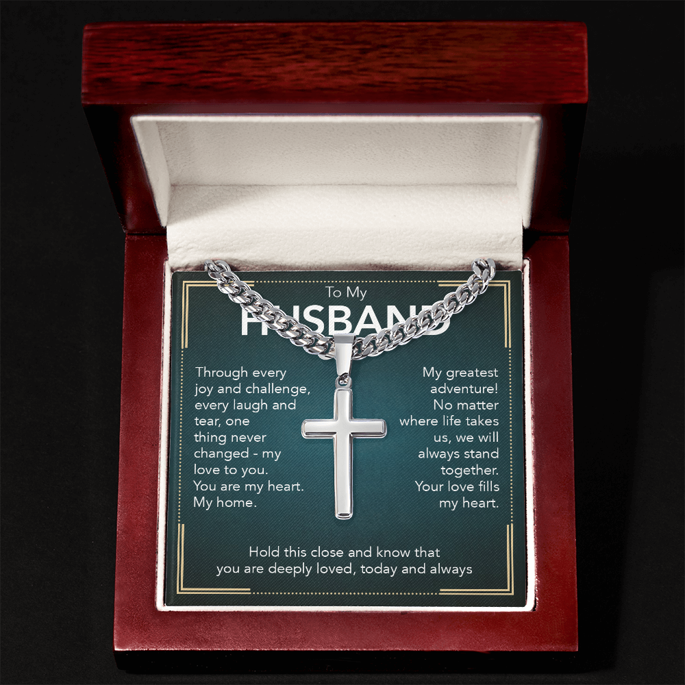 To My Husband - Cuban Link Chain with Artisan Cross + Heartfelt Message Card